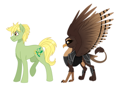 Size: 900x663 | Tagged: safe, artist:nivimonster, imported from derpibooru, oc, oc only, earth pony, griffon, pony, armor, female, male, simple background, stallion, transparent background