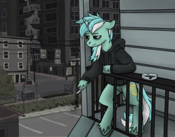 Size: 1400x1100 | Tagged: safe, artist:necromarecy, imported from derpibooru, lyra heartstrings, pony, unicorn, fanfic:background pony, bags under eyes, balcony, bipedal, bipedal leaning, cigarette, city, clothes, dig the swell hoodie, doomer, floppy ears, hoodie, hoof hold, leaning, magnetic hooves, sad, smoking, solo