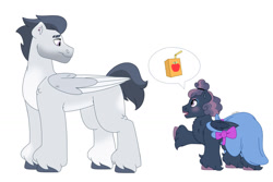 Size: 1280x854 | Tagged: safe, artist:itstechtock, imported from derpibooru, rumble, oc, oc:bright star, pony, clothes, dress, female, filly, juice, juice box, offspring, older, parent:rumble, parent:sweetie belle, parents:rumbelle, pictogram