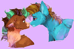 Size: 2000x1314 | Tagged: safe, artist:frosstish, imported from derpibooru, oc, oc only, oc:carbon, oc:sagebrush, earth pony, pegasus, pony, bedroom eyes, blue eyes, boop, bust, couple, cute, earth pony oc, eye contact, eyelashes, eyes open, floppy ears, gay, green eyes, looking at each other, male, multicolored hair, multicolored mane, noseboop, oc x oc, pegasus oc, shading, shipping, smiling, stallion, surprised, wings