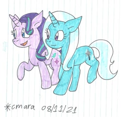 Size: 1207x1170 | Tagged: safe, artist:cmara, imported from derpibooru, starlight glimmer, trixie, pony, unicorn, female, lesbian, mare, open mouth, raised hoof, raised leg, shipping, simple background, startrix, traditional art, white background