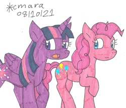 Size: 1102x954 | Tagged: safe, artist:cmara, imported from derpibooru, pinkie pie, twilight sparkle, alicorn, earth pony, pony, female, lesbian, mare, open mouth, raised hoof, raised leg, shipping, simple background, traditional art, twilight sparkle (alicorn), twinkie, white background