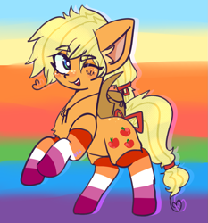 Size: 1255x1349 | Tagged: safe, artist:ube, artist:ubebreb, imported from derpibooru, applejack, rainbow dash, pony, appledash, clothes, female, hatless, headcanon, implied appledash, implied lesbian, implied shipping, lesbian, lesbian applejack, lesbian pride flag, looking at you, missing accessory, one eye closed, pride, pride flag, pride socks, sexuality headcanon, shipping, simple background, socks, striped socks, wink, winking at you