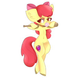 Size: 2000x2000 | Tagged: safe, artist:honeyheartbases, imported from derpibooru, apple bloom, earth pony, pony, apple bloom's bow, baseball bat, belly button, bipedal, bow, bubblegum, chewing gum, ear fluff, female, filly, food, gum, hair bow, high res, solo