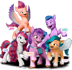 Size: 1136x1102 | Tagged: safe, edit, imported from derpibooru, hitch trailblazer, izzy moonbow, pipp petals, sunny starscout, zipp storm, earth pony, pegasus, pony, unicorn, g5, looking at each other, mane five (g5), my little pony: a new generation, palette swap, raised hoof, recolor, smiling, spread wings, unshorn fetlocks, wings