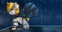 Size: 2060x1080 | Tagged: safe, artist:annakitsun3, imported from derpibooru, pegasus, pony, clothes, disney, hood, jacket, jewelry, kingdom hearts, male, necklace, open mouth, pants, ponified, rain, roxas, shirt, solo, stallion, t-shirt, underhoof, wings, wristband