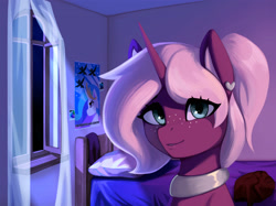 Size: 2838x2118 | Tagged: safe, artist:mrscroup, imported from derpibooru, oc, oc only, oc:tenebris flux, pony, unicorn, bed, bedroom, ear piercing, earring, freckles, gray eyes, high res, jewelry, looking at you, night, night sky, no source available, piercing, pillow, ponytail, propaganda poster, sky, solo, window