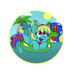 Size: 5000x5000 | Tagged: safe, artist:rokosmith26, imported from derpibooru, oc, oc only, oc:christian clefnote, oc:lutecia, bat pony, pony, absurd resolution, bat pony oc, bat wings, beach, coconut, commission, female, food, hat, headband, high res, inflatable, inflatable toy, looking up, mare, open mouth, open smile, palm tree, ponytail, pool toy, sand, simple background, smiling, solo, spread wings, sun, teeth, transparent background, tree, water, wings, ych result