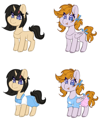 Size: 1940x2296 | Tagged: safe, artist:tizhonolulu, imported from derpibooru, oc, oc:cookie byte, oc:tiz honolulu, pegasus, pony, unicorn, bow, clothes, female, filly, overalls, pigtails, skirt