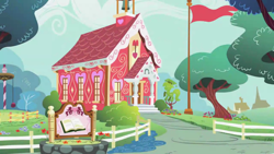 Size: 1280x720 | Tagged: safe, imported from derpibooru, screencap, flight to the finish, background, flag, no pony, ponyville, ponyville schoolhouse, scenic ponyville, tree