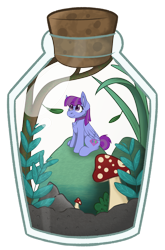 Size: 2228x3368 | Tagged: safe, artist:rokosmith26, imported from derpibooru, oc, oc only, oc:eminence bloom, pegasus, pony, bottle, cheek fluff, chest fluff, choker, commission, cork, female, folded wings, grass, high res, leaves, looking up, mare, micro, mushroom, pegasus oc, plant, plants, pony in a bottle, simple background, sitting, smiling, transparent background, trapped, wings, ych result