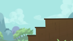 Size: 1280x720 | Tagged: safe, imported from derpibooru, screencap, flight to the finish, season 4, background, cloud, grass, mountain, ponyville, scenic ponyville, stairs, step, tree