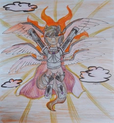 Size: 1001x1080 | Tagged: safe, artist:askavidt, imported from derpibooru, princess celestia, oc, oc:light knight, pegasus, seraph, angel, armor, light, looking at you, male, multiple wings, pegasus oc, praise the sun, sombra eyes, sun, traditional art, wings