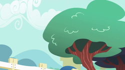 Size: 1280x720 | Tagged: safe, imported from derpibooru, screencap, flight to the finish, season 4, background, cloud, fence, mountain, no pony, ponyville, scenic ponyville, tree