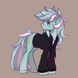 Size: 1261x1261 | Tagged: safe, artist:1an1, imported from derpibooru, lyra heartstrings, pony, unicorn, bottomless, brown background, clothes, dig the swell hoodie, female, hoodie, looking back, mare, partial nudity, simple background, solo