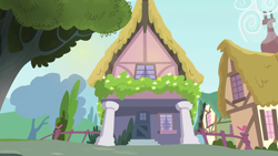 Size: 1280x720 | Tagged: safe, imported from derpibooru, screencap, flight to the finish, season 4, background, cloud, fence, no pony, ponyville, scenic ponyville, scootaloo's house, tree