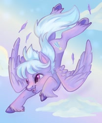 Size: 1500x1800 | Tagged: safe, artist:funky_furs, artist:funkyfurs, imported from derpibooru, cloudchaser, pegasus, pony, cloud, feather, female, flying, mare, open mouth, sky, solo, spread wings, unshorn fetlocks, wings