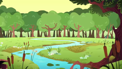 Size: 1280x720 | Tagged: safe, imported from derpibooru, screencap, flight to the finish, season 4, background, cattails, flower, forest, no pony, reed, reeds, river, scenic ponyville, tree