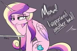 Size: 1337x898 | Tagged: safe, artist:pinkberry, imported from derpibooru, imported from ponybooru, princess cadance, princess flurry heart, alicorn, pony, cadance is not amused, dialogue, drawpile, female, folded wings, head on hoof, implied flurry heart, mare, messy mane, offscreen character, simple background, solo, speech, supporting head, talking, text, tired, unamused, wings