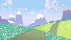 Size: 1280x720 | Tagged: safe, imported from derpibooru, screencap, flight to the finish, season 4, background, bush, cloud, flower, hill, mountain, no pony, road, scenic ponyville, sky