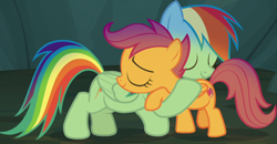 Size: 1716x894 | Tagged: safe, imported from derpibooru, screencap, rainbow dash, scootaloo, pegasus, pony, campfire tales, season 7, cropped, eyes closed, female, filly, hug, mare, scootalove