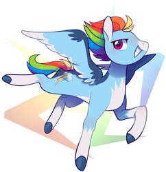 Size: 1846x1905 | Tagged: safe, artist:catbun-yt, imported from derpibooru, rainbow dash, pegasus, pony, alternate hairstyle, backwards cutie mark, coat markings, colored hooves, colored wings, cute, dashabetes, female, mare, multicolored wings, redesign, simple background, smiling, socks (coat markings), solo, spread wings, tail feathers, transparent background, wings