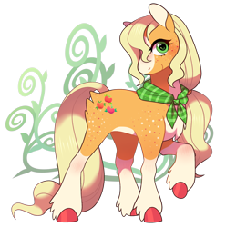 Size: 2012x2032 | Tagged: safe, artist:catbun-yt, imported from derpibooru, applejack, earth pony, pony, blaze (coat marking), butt fluff, coat markings, colored hooves, cute, facial markings, female, freckles, hatless, high res, jackabetes, leg fluff, mare, missing accessory, neckerchief, redesign, simple background, socks (coat markings), solo, transparent background