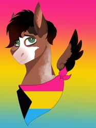 Size: 3033x4063 | Tagged: safe, artist:inisealga, imported from derpibooru, oc, oc only, oc:mocha frost, bandana, female, pansexual, pansexual pride flag, pride, pride flag, pride month, simple background, wings