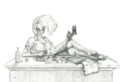 Size: 1500x976 | Tagged: safe, artist:baron engel, imported from derpibooru, mayor mare, anthro, earth pony, unguligrade anthro, fallout equestria, cleaning, desk, glasses, gun, handgun, looking at you, monochrome, patreon, patreon reward, pencil drawing, pistol, scar, solo, story included, traditional art, unshorn fetlocks, weapon