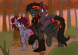 Size: 1600x1124 | Tagged: safe, artist:candel, imported from derpibooru, oc, oc:blazing heart, oc:crafted sky, oc:sweeping quill, earth pony, hippogriff, pony, autumn, family, forest, leaves, neck feathers, shipping, sunset, talons, walking, wings