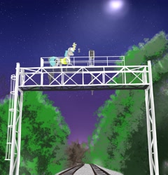 Size: 3927x4096 | Tagged: safe, artist:inisealga, imported from derpibooru, oc, oc only, oc:lunar signal, bat pony, hybrid, unicorn, bat pony oc, bat wings, forest, horn, hybrid oc, moon, night, railroad, railway signal, safety vest, signal, train tracks, unicorn oc, wings