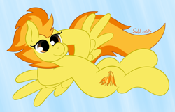 Size: 1550x1000 | Tagged: safe, artist:subleni, imported from derpibooru, spitfire, pegasus, pony, abstract background, female, lying down, mare, signature, solo