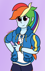 Size: 1050x1650 | Tagged: safe, artist:subleni, imported from derpibooru, rainbow dash, equestria girls, female, purple background, signature, simple background, solo