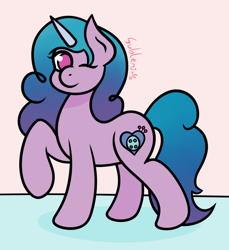 Size: 1000x1090 | Tagged: safe, artist:subleni, imported from derpibooru, izzy moonbow, pony, unicorn, female, g5, mare, one eye closed, signature, solo, wink