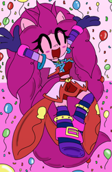 Size: 1336x2048 | Tagged: safe, artist:tenebrousmelancholy, imported from derpibooru, pinkie pie, anthro, earth pony, unguligrade anthro, accessories, accessory, balloon, blushing, clothes, compression shorts, confetti, digital art, female, pinkie being pinkie, shorts, simple background, socks, solo, stockings, thigh highs