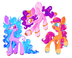 Size: 3236x2605 | Tagged: safe, artist:webkinzworldz, imported from derpibooru, izzy moonbow, pipp petals, sunny starscout, classical unicorn, earth pony, pegasus, pony, unicorn, :d, adorapipp, big eyes, chibi, cloven hooves, colored eyelashes, colored hooves, curly mane, cute, eyelashes, female, flying, g5, high res, leonine tail, mare, my little pony: a new generation, open mouth, open smile, simple background, smiling, stylized, trio, trio female, unshorn fetlocks, white background