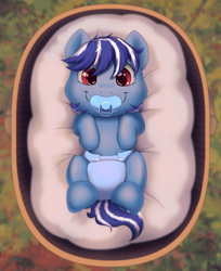 Size: 864x1057 | Tagged: safe, artist:binkyroom, imported from derpibooru, oc, oc only, oc:evening mist, pegasus, pony, baby, baby pony, basket, commission, diaper, finished version, looking at you, pacifier, smiling, smiling at you, solo, ych result