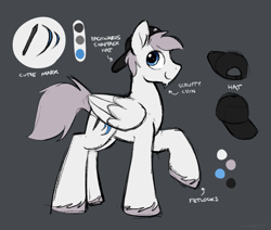 Size: 3069x2601 | Tagged: safe, artist:selenophile, imported from derpibooru, oc, oc only, oc:seleno, pegasus, pony, backwards ballcap, baseball cap, cap, chin fluff, colored sketch, cutie mark, folded wings, gray background, hat, high res, male, raised hoof, reference sheet, simple background, smiling, solo, stallion, unshorn fetlocks, wings