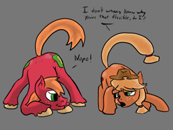 Size: 4000x3000 | Tagged: safe, artist:fumalunga, imported from derpibooru, applejack, big macintosh, earth pony, pony, applejack's hat, both cutie marks, brother and sister, colored hooves, cowboy hat, dialogue, eyebrows, eyebrows visible through hair, face down ass up, female, gray background, hat, jack-o challenge, jacko challenge, male, mare, meme, raised tail, siblings, simple background, stallion, tail, unshorn fetlocks