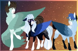 Size: 4096x2687 | Tagged: safe, artist:inisealga, imported from derpibooru, oc, oc only, oc:bluebell nightfall, oc:mint flare, oc:soaring frost, pegasus, female, male, mare, pegasus oc, stallion, wings