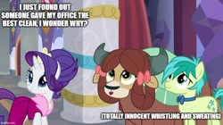 Size: 888x499 | Tagged: safe, edit, edited screencap, imported from derpibooru, screencap, rarity, sandbar, yona, earth pony, pony, unicorn, yak, she's all yak, bowtie, caption, clothes, crown, dress, female, image macro, imgflip, implied sex, jewelry, male, mare, open mouth, open smile, regalia, shipping, shipping fuel, smiling, straight, text, totally innocent, totally not lying, trio, yonabar