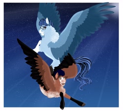 Size: 4096x3707 | Tagged: safe, artist:inisealga, imported from derpibooru, oc, oc only, oc:mocha frost, oc:soaring spirit, pegasus, chest fluff, duo, duo male and female, female, fluffy, flying, male, moon, neck fluff, night, night sky, pegasus oc, simple background, sky, wings