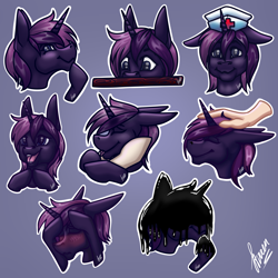 Size: 8000x8000 | Tagged: safe, artist:stirren, imported from derpibooru, oc, oc only, goo, pony, unicorn, bust, hat, head pat, nurse hat, pat, peeking, portrait, shy, smiling, sticker, sticker set