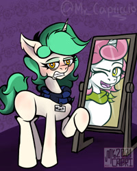 Size: 3000x3750 | Tagged: safe, artist:mrcapriccio, imported from derpibooru, oc, oc only, oc:dolce spiaro, oc:mint pop, pony, unicorn, abstract background, alter ego, alternate design, alternate hairstyle, disguise, disgusted, female, high res, mare, mirror, neckerchief, reflection, solo