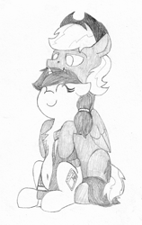 Size: 2166x3438 | Tagged: safe, artist:sodanium, imported from ponybooru, oc, oc only, oc:calamity, oc:littlepip, pegasus, pony, unicorn, fallout equestria, black and white, eyes closed, female, grayscale, hug, male, monochrome, piplamity, pregnant, simple background, sitting, straight, traditional art, white background