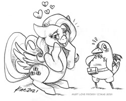 Size: 1200x965 | Tagged: safe, artist:kaemantis, imported from ponybooru, fluttershy, bird, pegasus, penguin, pony, crossover, female, floating heart, grayscale, heart, mare, monochrome, prinny, simple background, white background