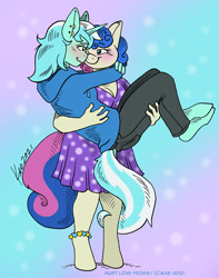 Size: 945x1200 | Tagged: safe, artist:kaemantis, imported from ponybooru, bon bon, lyra heartstrings, sweetie drops, anthro, earth pony, unguligrade anthro, unicorn, abstract background, blushing, bridal carry, carrying, clothes, dress, female, hoodie, lesbian, looking at each other, lyrabon, shipping