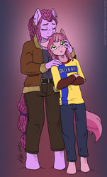 Size: 724x1200 | Tagged: safe, artist:kaemantis, imported from ponybooru, berry punch, berryshine, ruby pinch, anthro, earth pony, pony, unguligrade anthro, clothes, duo, female, jacket, mother and child, mother and daughter, older, parent and child, teenager