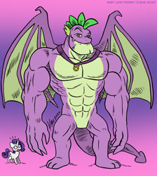 Size: 895x1000 | Tagged: safe, artist:kaemantis, imported from ponybooru, rarity, spike, dragon, pony, unicorn, abs, biceps, gigachad spike, male, muscles, muscular male, older, older spike, pecs, winged spike
