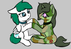 Size: 801x554 | Tagged: safe, artist:barhandar, imported from ponybooru, oc, oc only, oc:friendly fire, oc:zephyr, pegasus, pony, unicorn, /mlp/, /ptfg/, collar, colored sketch, duo, ears, female, females only, floppy ears, gray background, holding hooves, looking at you, mare, pet tag, pony pet, simple background, sitting, underhoof